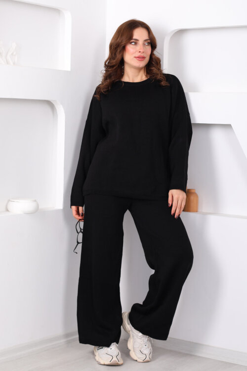 Bisiklet Yaka Salaş Siyah Kadın Triko Takım - 4