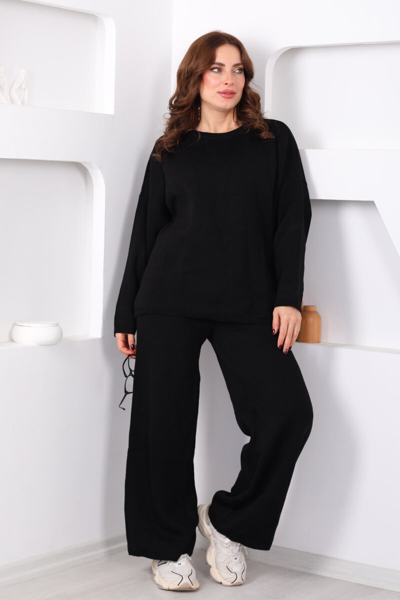 Bisiklet Yaka Salaş Siyah Kadın Triko Takım - 4