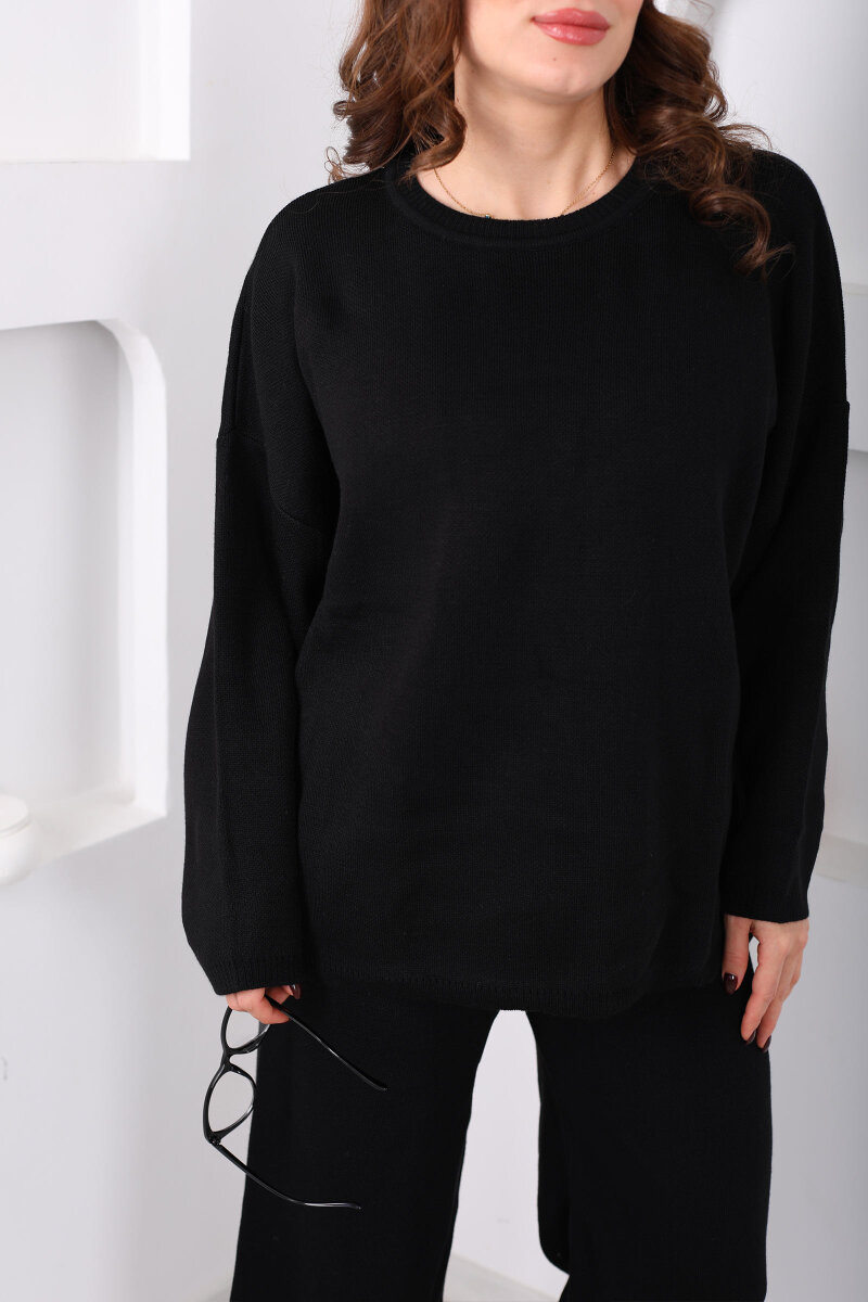 Bisiklet Yaka Salaş Siyah Kadın Triko Takım - 2