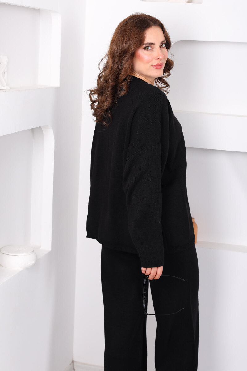 Bisiklet Yaka Salaş Siyah Kadın Triko Takım - 5