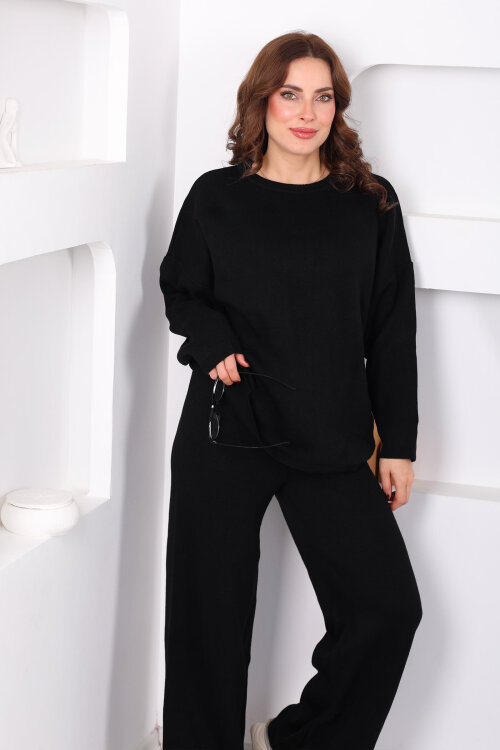 Bisiklet Yaka Salaş Siyah Kadın Triko Takım - 6