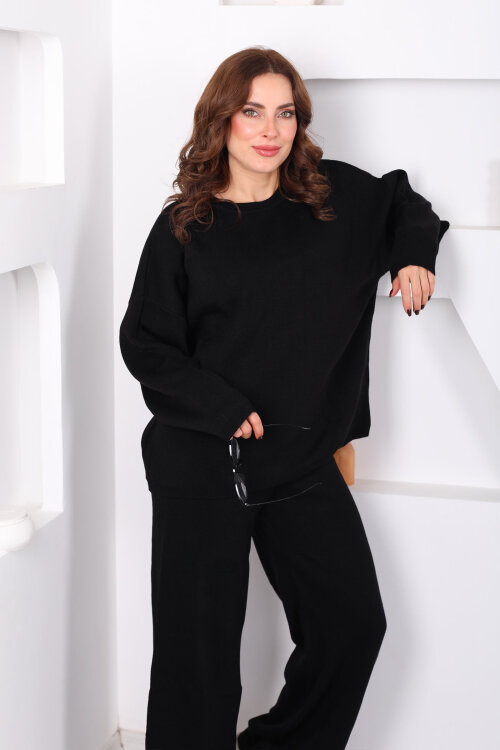 Bisiklet Yaka Salaş Siyah Kadın Triko Takım - 3