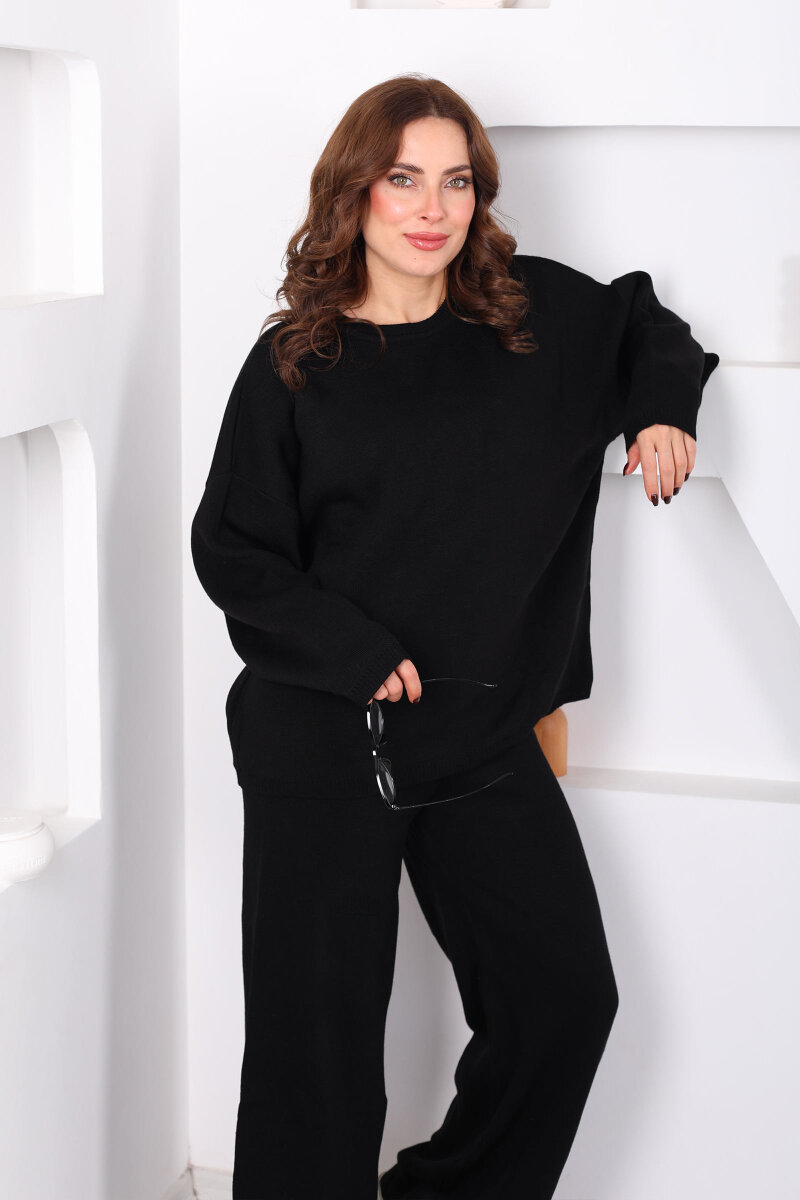 Bisiklet Yaka Salaş Siyah Kadın Triko Takım - 3