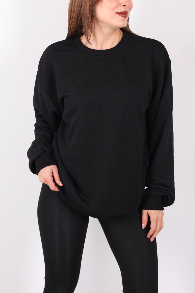 Bisiklet Yaka Şardonsuz Siyah Kadın Üç İplik Sweat - 2