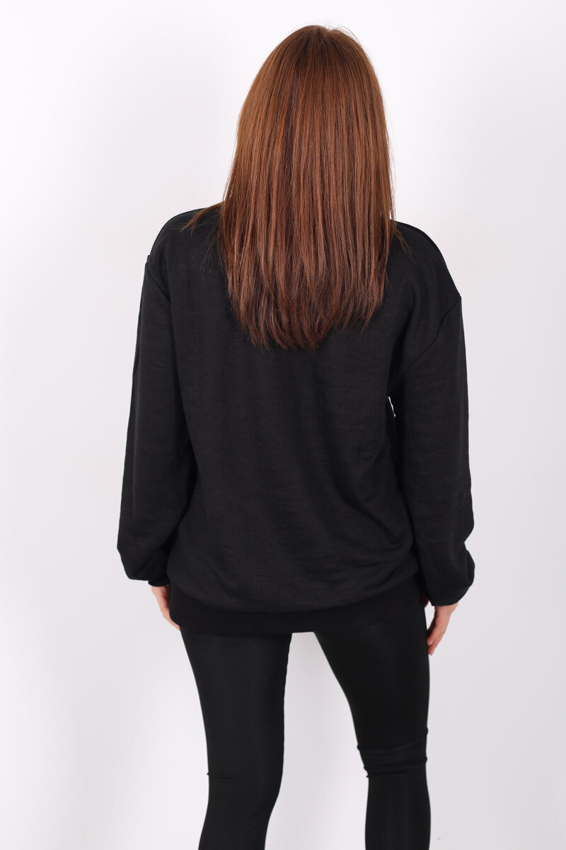 Bisiklet Yaka Şardonsuz Siyah Kadın Üç İplik Sweat - 5