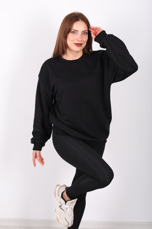 Bisiklet Yaka Şardonsuz Siyah Kadın Üç İplik Sweat - Berox