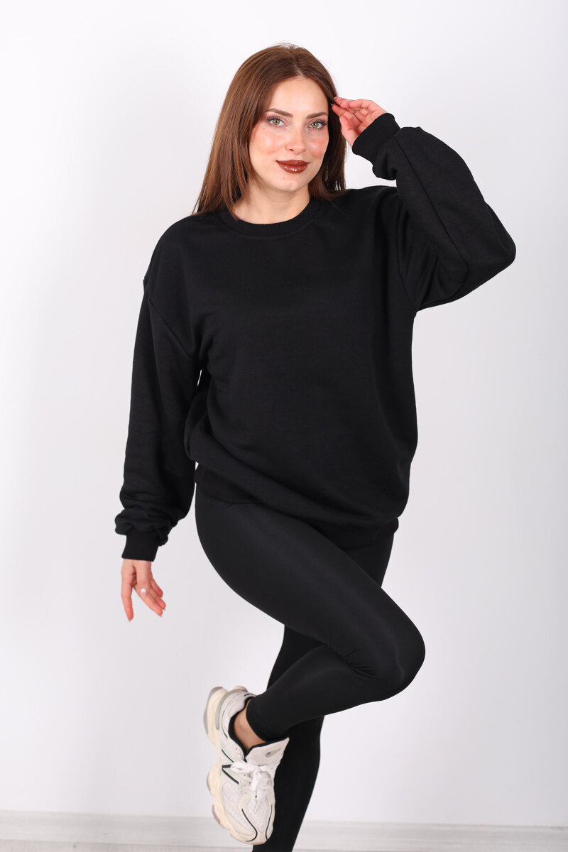 Bisiklet Yaka Şardonsuz Siyah Kadın Üç İplik Sweat - 1