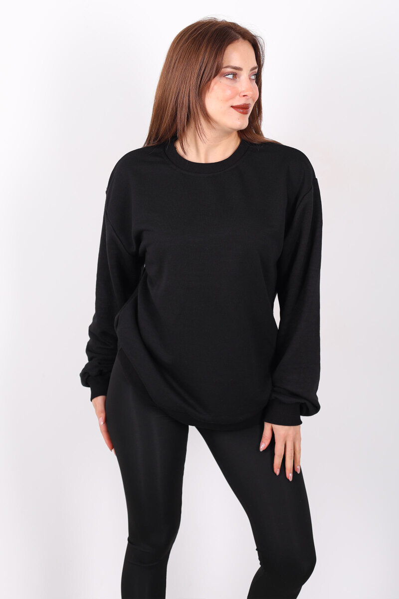 Bisiklet Yaka Şardonsuz Siyah Kadın Üç İplik Sweat - 6