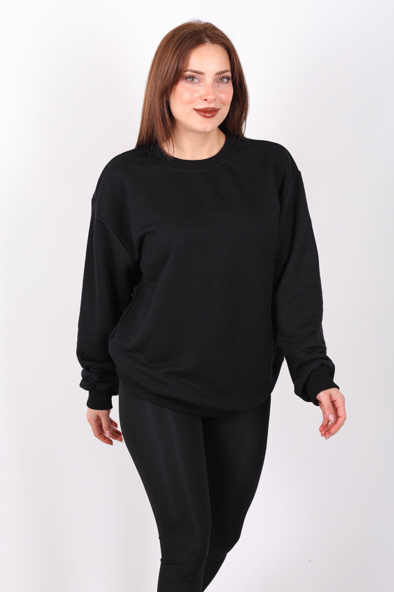 Bisiklet Yaka Şardonsuz Siyah Kadın Üç İplik Sweat - 3