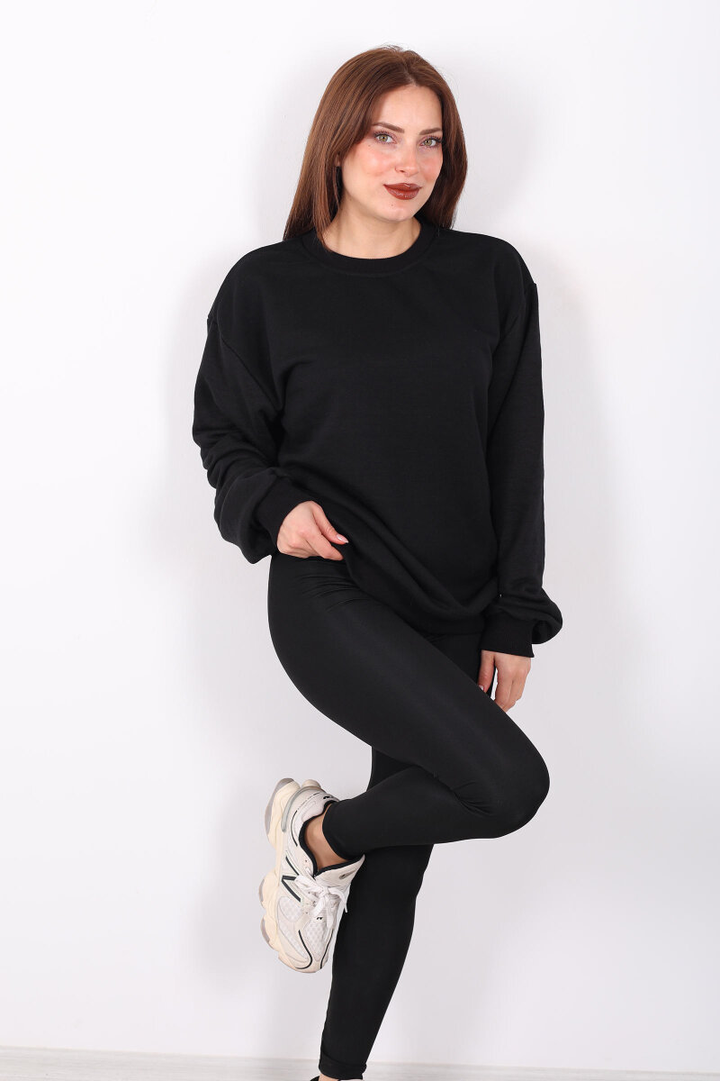Bisiklet Yaka Şardonsuz Siyah Kadın Üç İplik Sweat - 4