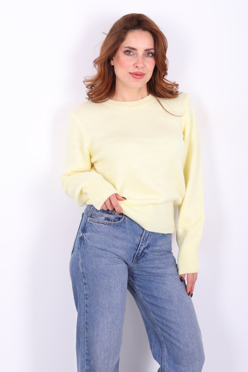 Bisiklet Yaka Sarı Kadın Triko Kazak - 1