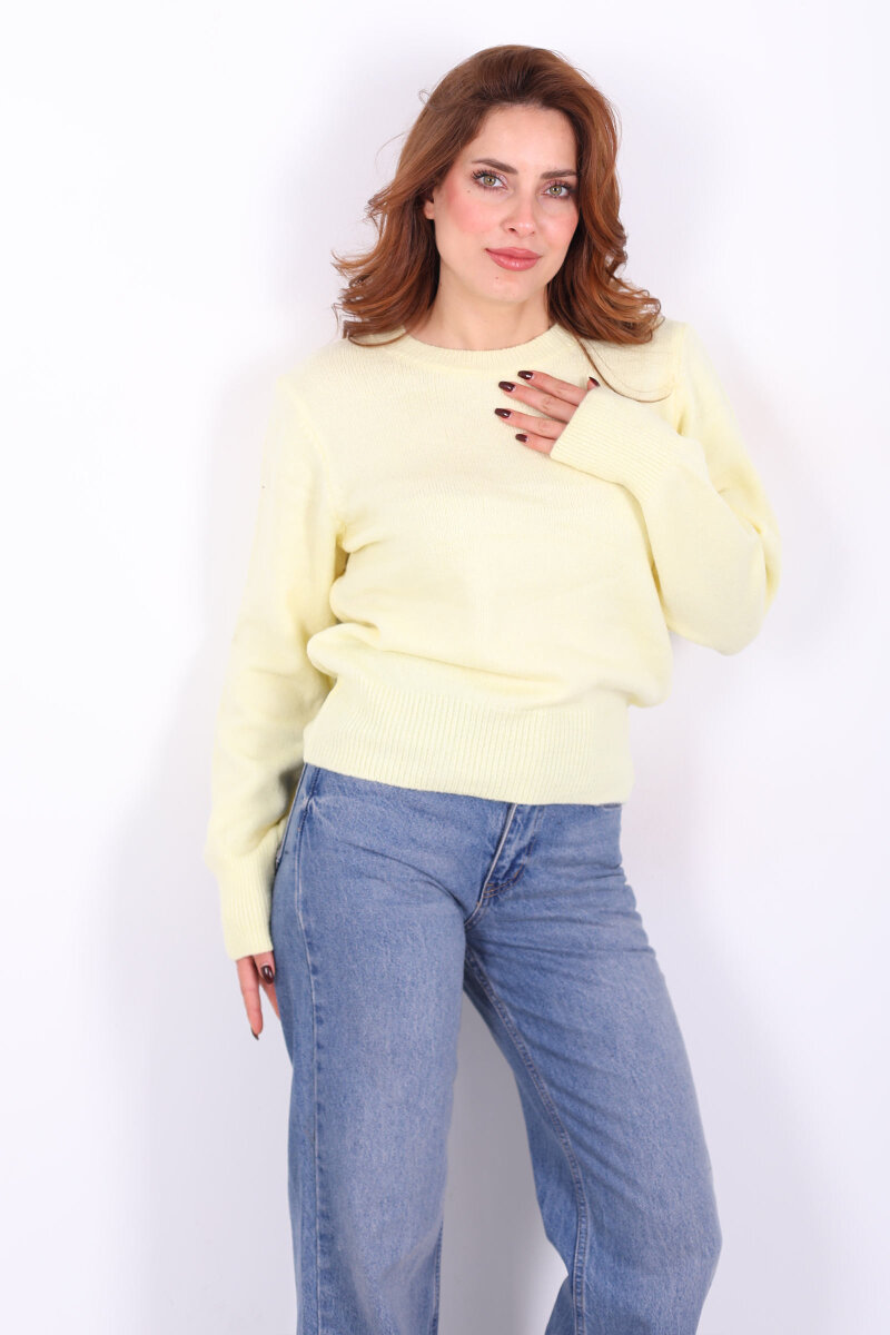 Bisiklet Yaka Sarı Kadın Triko Kazak - 3