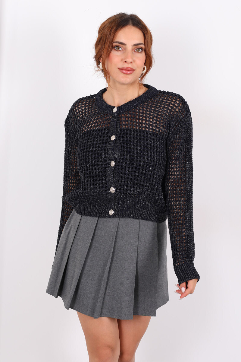 Bisiklet Yaka Simli Düğmeli Ajurlu Lacivert Kadın Hırka - 6