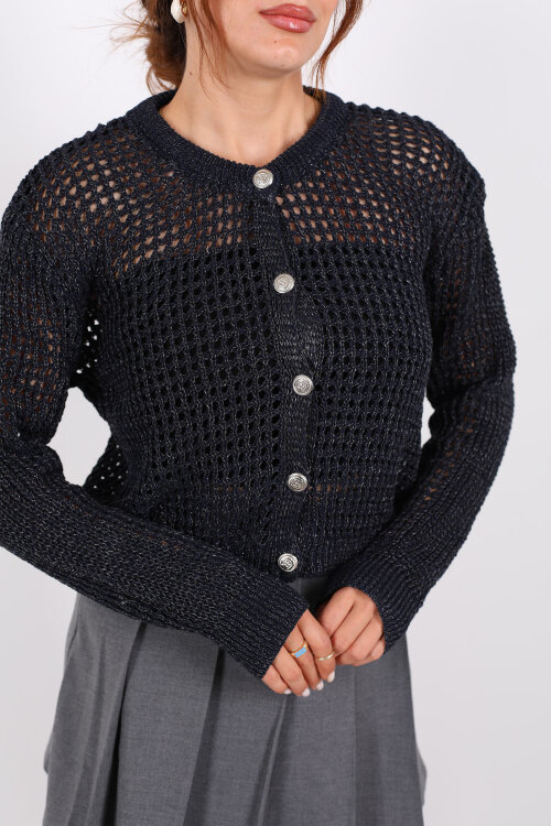 Bisiklet Yaka Simli Düğmeli Ajurlu Lacivert Kadın Hırka - Berox (1)