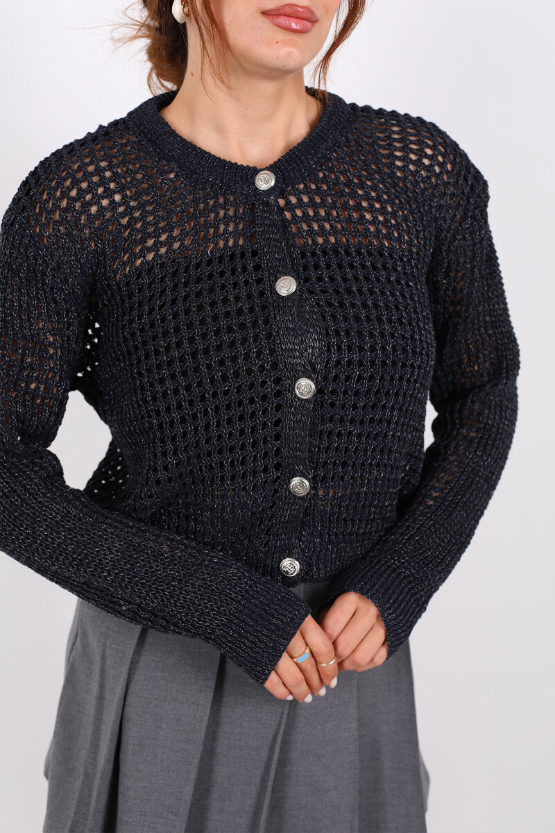 Bisiklet Yaka Simli Düğmeli Ajurlu Lacivert Kadın Hırka - 2