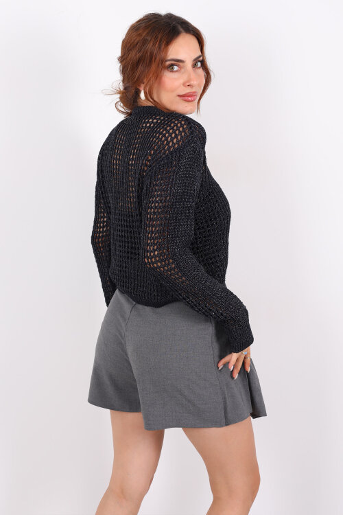 Bisiklet Yaka Simli Düğmeli Ajurlu Lacivert Kadın Hırka - 5