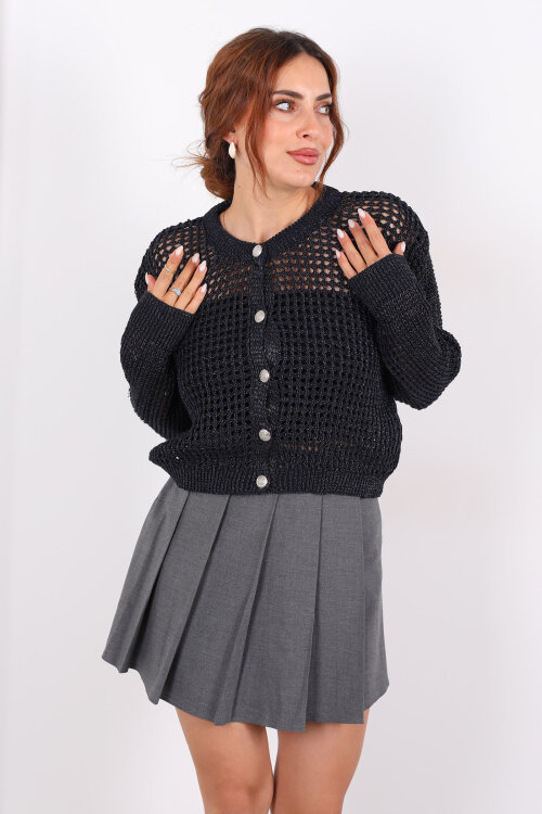 Bisiklet Yaka Simli Düğmeli Ajurlu Lacivert Kadın Hırka - 3