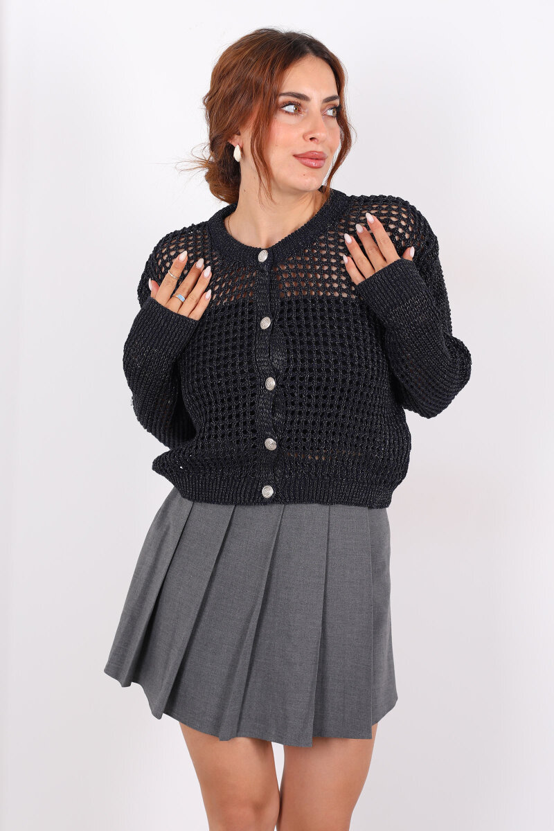 Bisiklet Yaka Simli Düğmeli Ajurlu Lacivert Kadın Hırka - 3