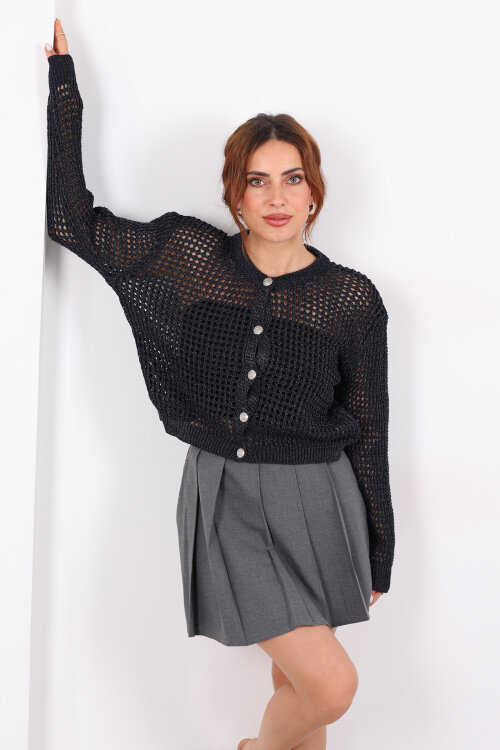 Bisiklet Yaka Simli Düğmeli Ajurlu Lacivert Kadın Hırka - Berox