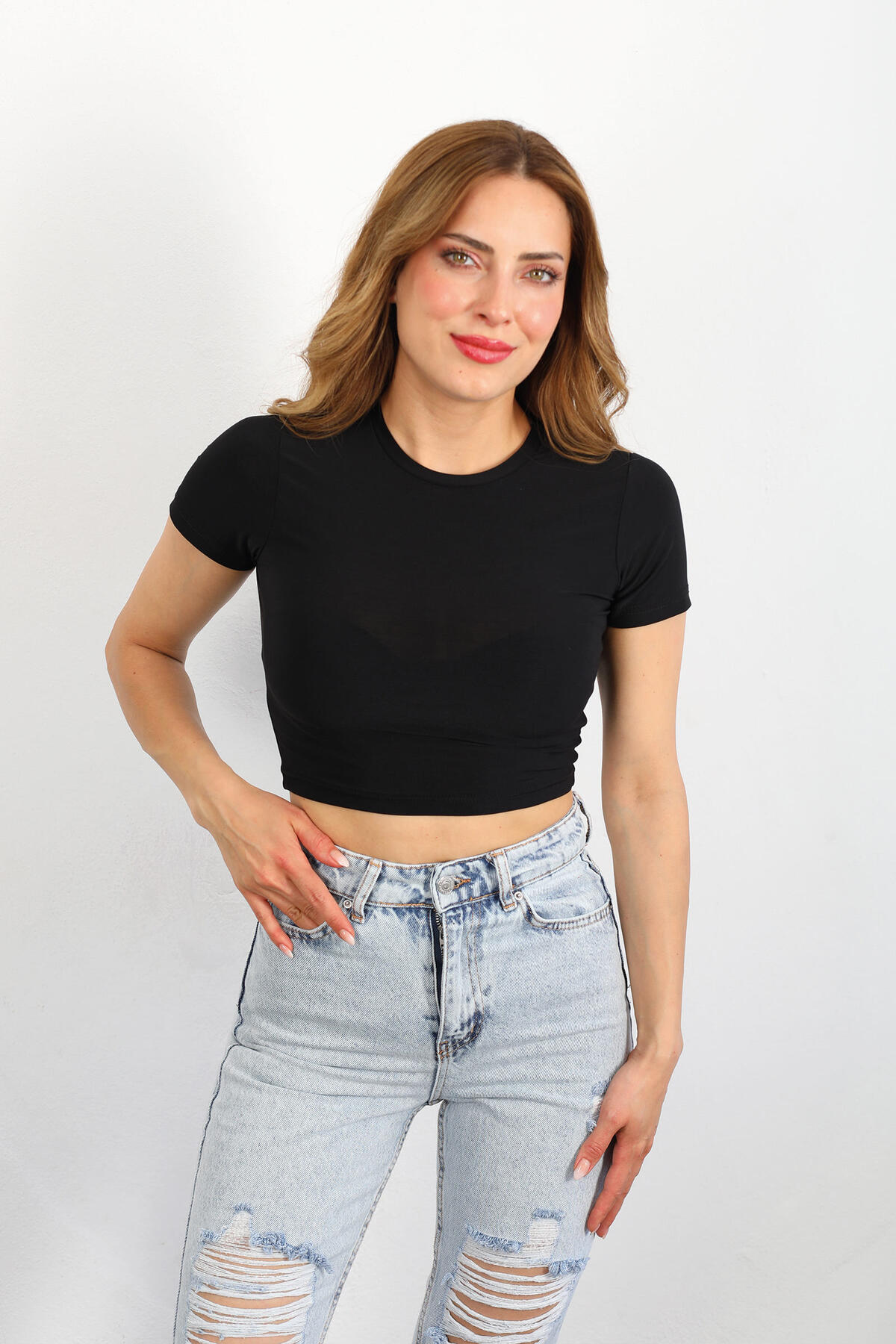 Bisiklet Yaka Siyah Kadın Basıc Sandy Crop