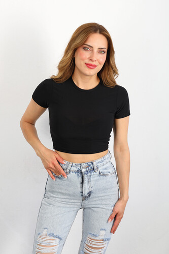 Bisiklet Yaka Siyah Kadın Basıc Sandy Crop 