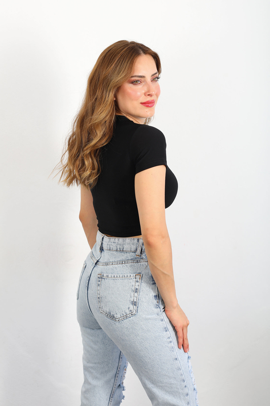 Bisiklet Yaka Siyah Kadın Basıc Sandy Crop - 3