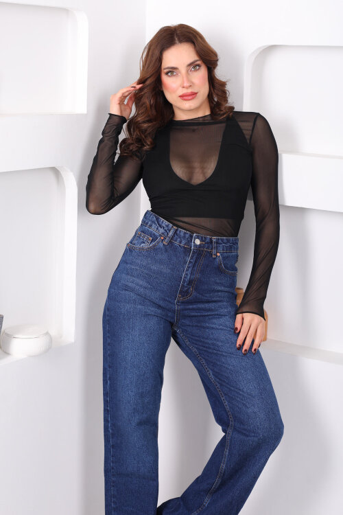 Bisiklet Yaka Siyah Kadın Tül Bluz - Berox