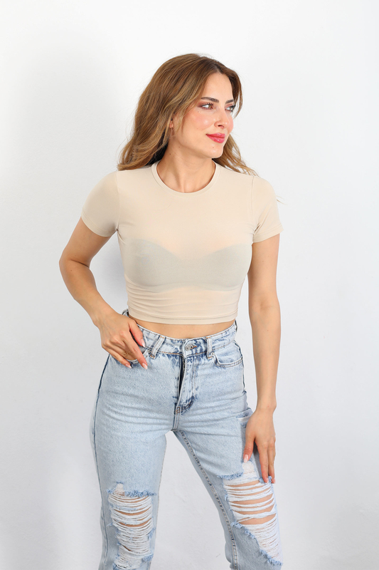 Bisiklet Yaka Taş Rengi Kadın Basıc Sandy Crop - 2