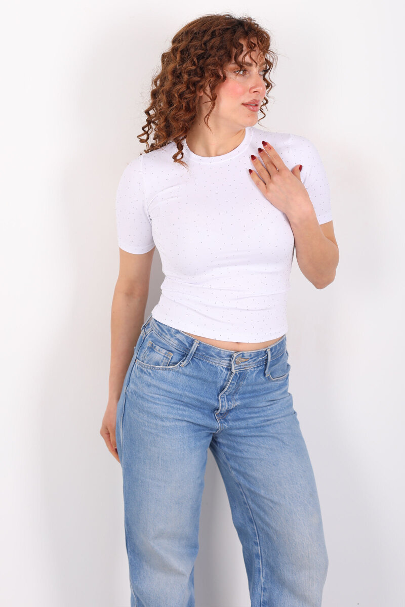 Bisiklet Yaka Taşlı Beyaz Kadın Basic Body - 1