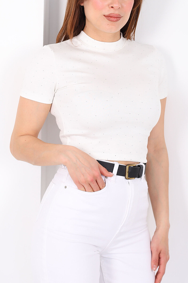 Bisiklet Yaka Taşlı Beyaz Kadın Crop - 2