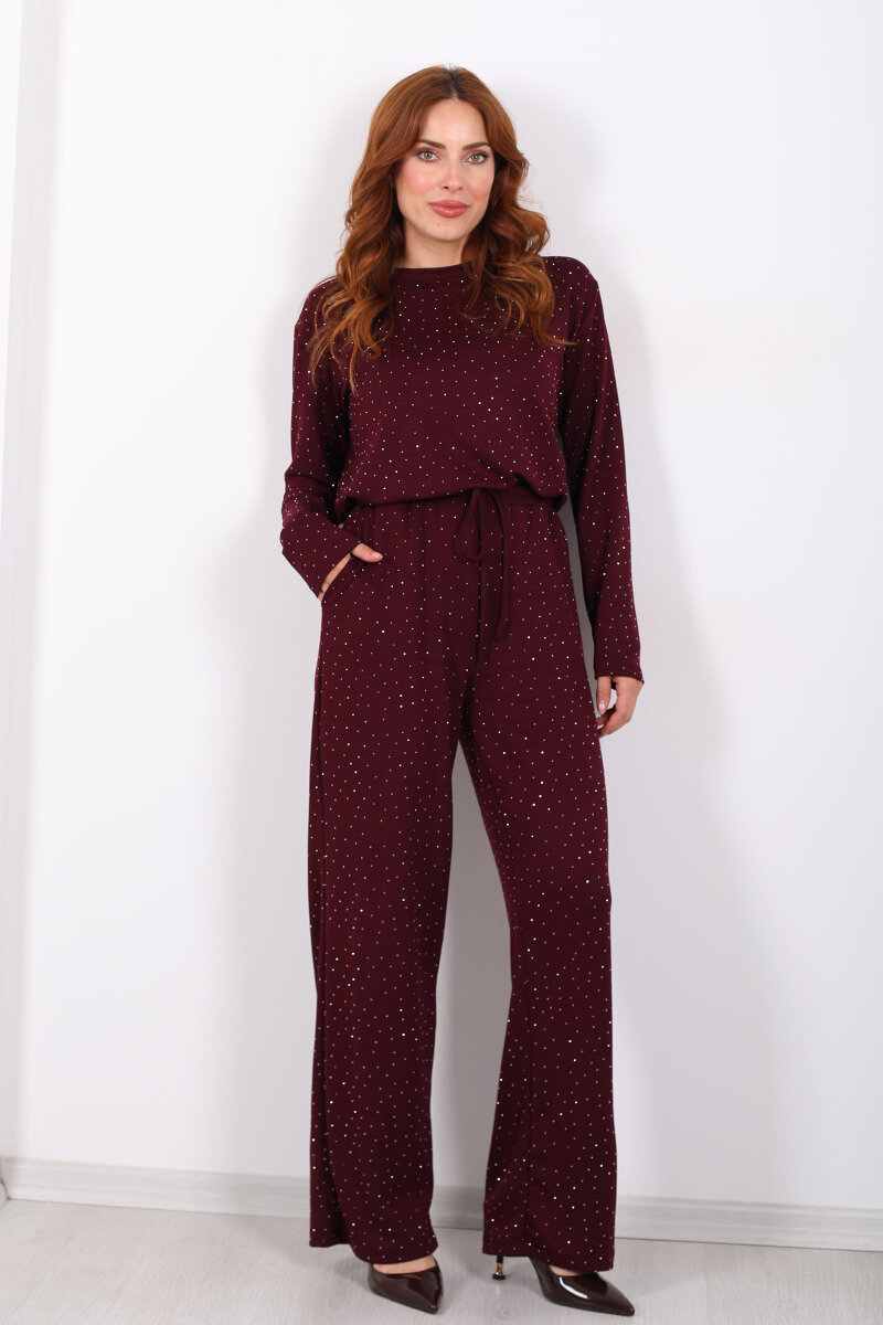 Bisiklet Yaka Taşlı Bordo Kadın Modal Takım - 6