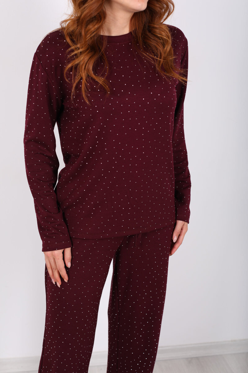 Bisiklet Yaka Taşlı Bordo Kadın Modal Takım - 2
