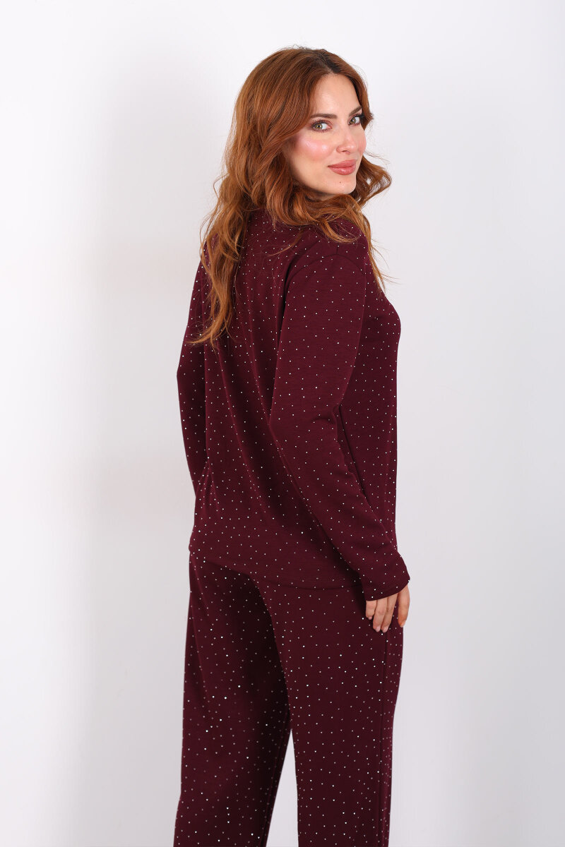 Bisiklet Yaka Taşlı Bordo Kadın Modal Takım - 5