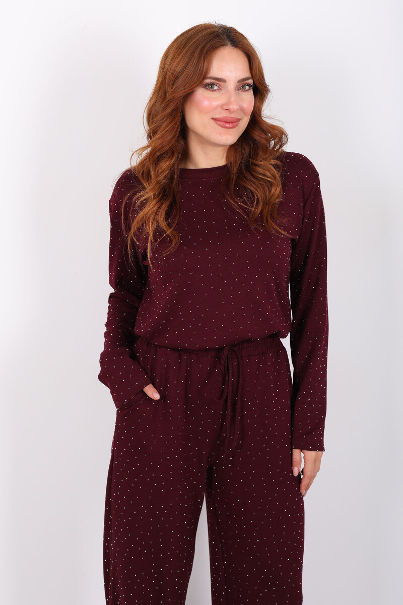 Bisiklet Yaka Taşlı Bordo Kadın Modal Takım - 4