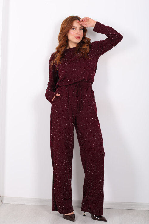 Bisiklet Yaka Taşlı Bordo Kadın Modal Takım - 3