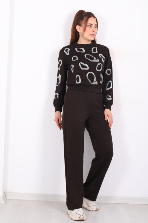 Bisiklet Yaka Taşlı Kadın Acı Kahve Modal Takım - 6