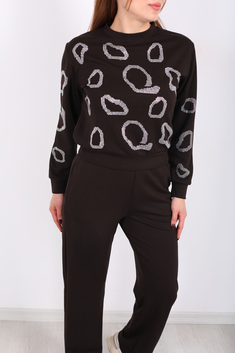 Bisiklet Yaka Taşlı Kadın Acı Kahve Modal Takım - 2