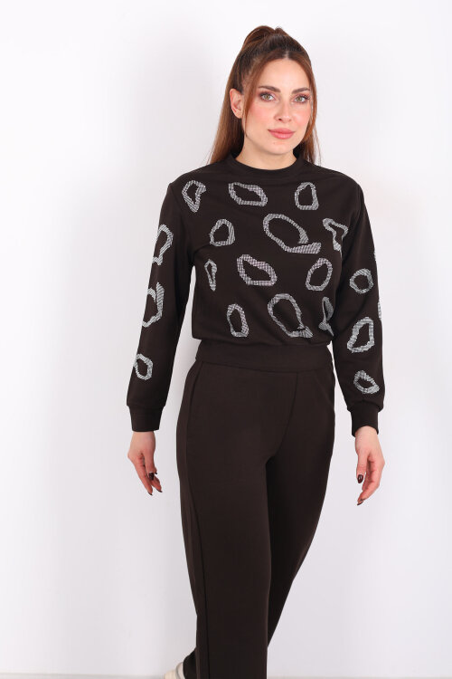 Bisiklet Yaka Taşlı Kadın Acı Kahve Modal Takım - 4