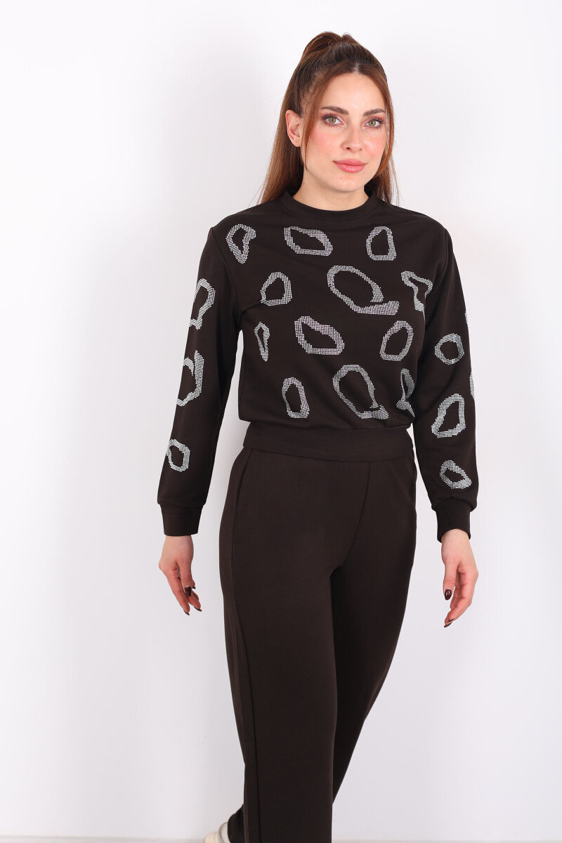 Bisiklet Yaka Taşlı Kadın Acı Kahve Modal Takım - 4