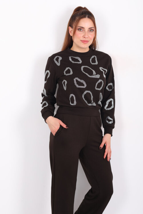 Bisiklet Yaka Taşlı Kadın Acı Kahve Modal Takım - Berox