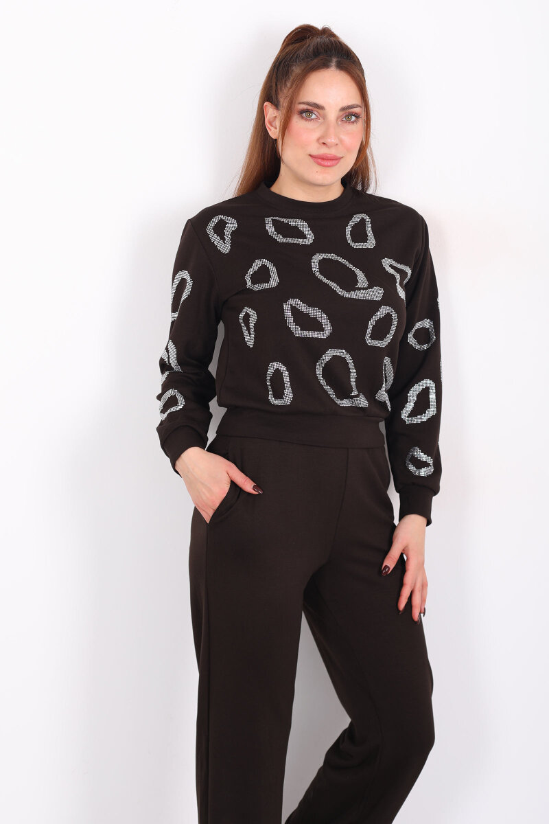 Bisiklet Yaka Taşlı Kadın Acı Kahve Modal Takım - 1