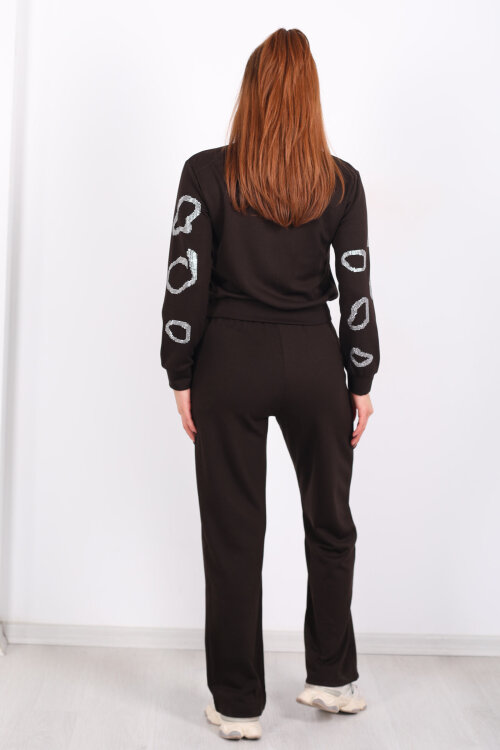 Bisiklet Yaka Taşlı Kadın Acı Kahve Modal Takım - 5