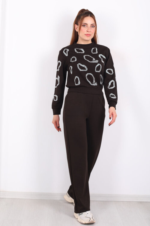 Bisiklet Yaka Taşlı Kadın Acı Kahve Modal Takım - 3