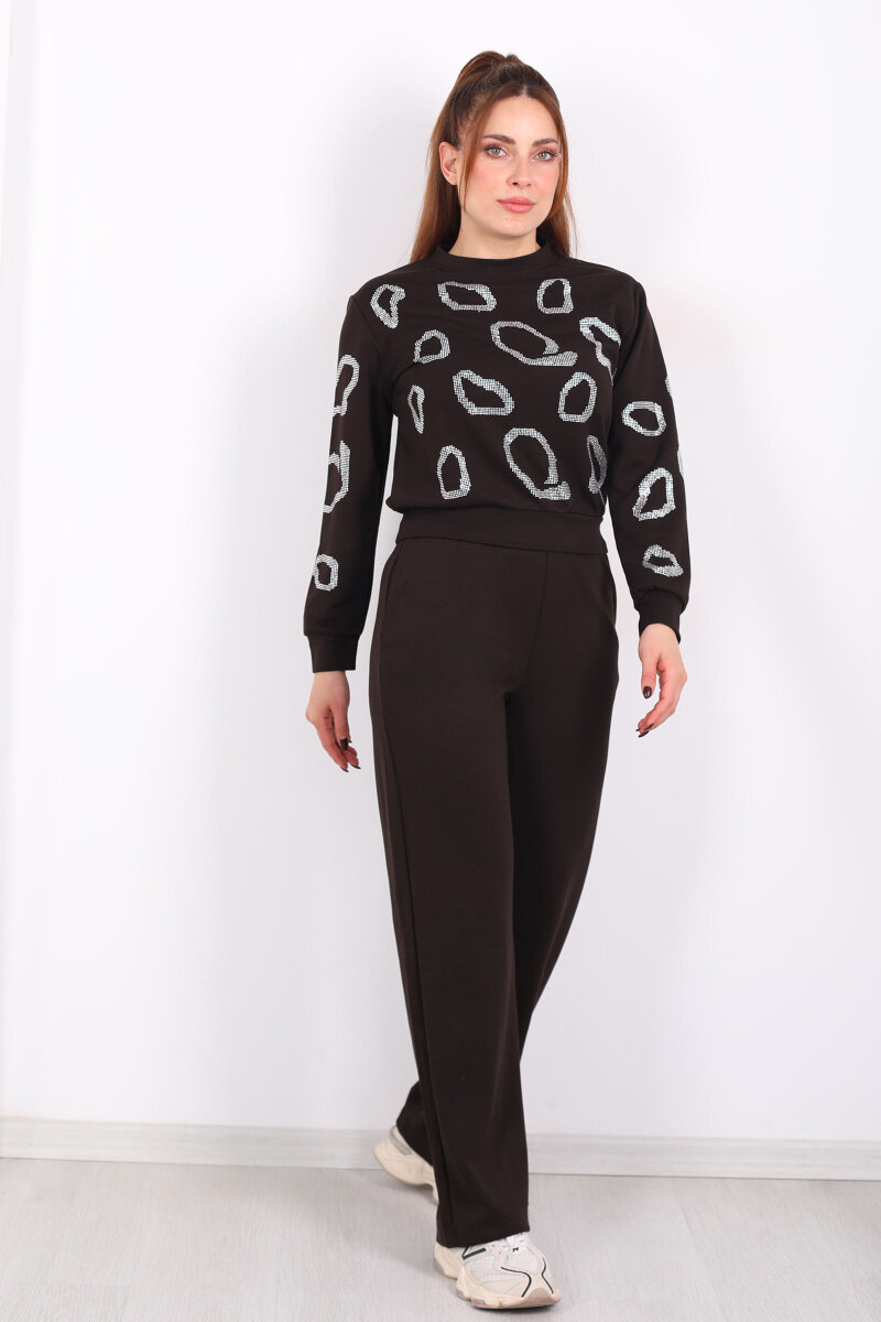 Bisiklet Yaka Taşlı Kadın Acı Kahve Modal Takım - 3