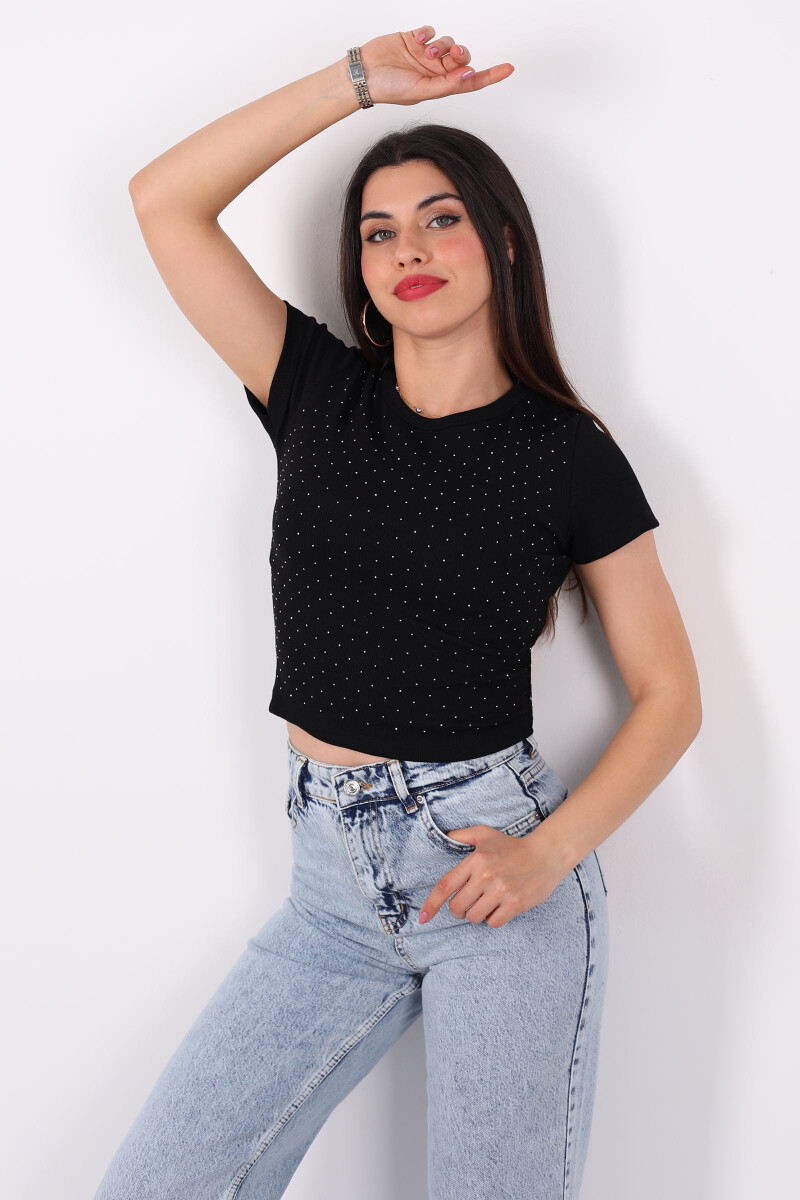 Bisiklet Yaka Taşlı Kısa Kol Siyah Kadın Bluz - 3