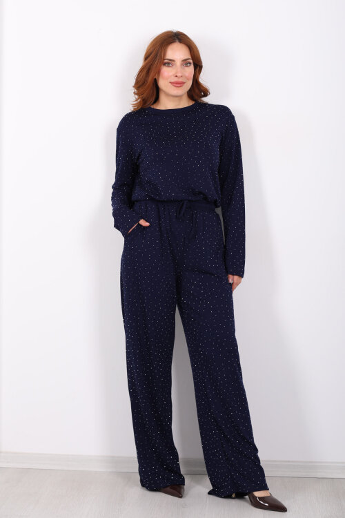 Bisiklet Yaka Taşlı Lacivert Kadın Modal Takım - 5