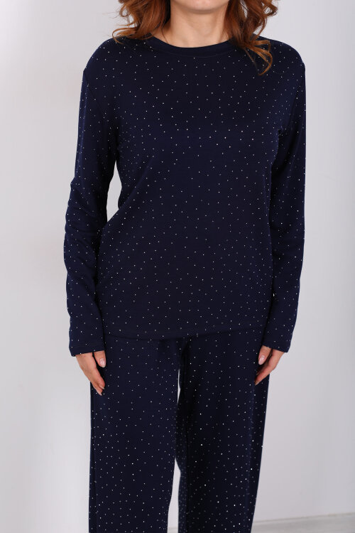 Bisiklet Yaka Taşlı Lacivert Kadın Modal Takım - Berox (1)