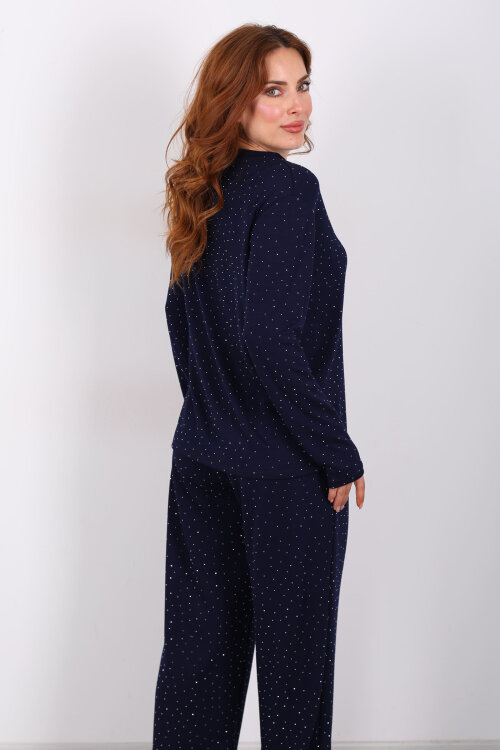 Bisiklet Yaka Taşlı Lacivert Kadın Modal Takım - 6