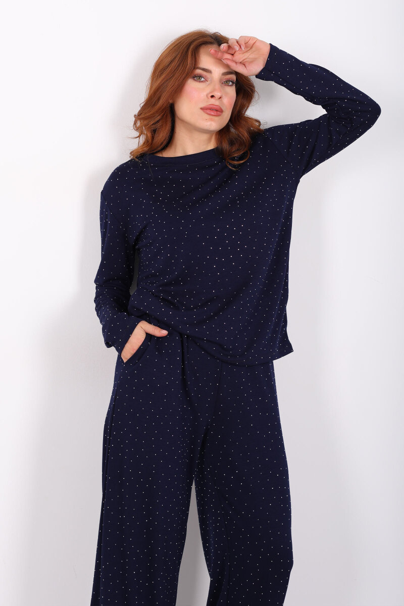 Bisiklet Yaka Taşlı Lacivert Kadın Modal Takım - 1