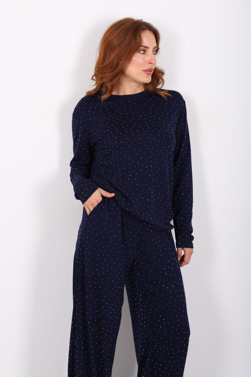 Bisiklet Yaka Taşlı Lacivert Kadın Modal Takım - 4